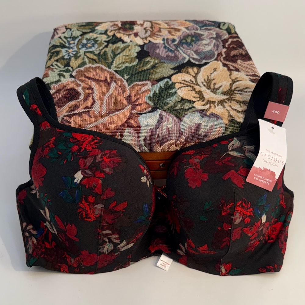 New Cacique Black Bra with Red‎ Floral Design Sz 40D - Picture 15 of 15